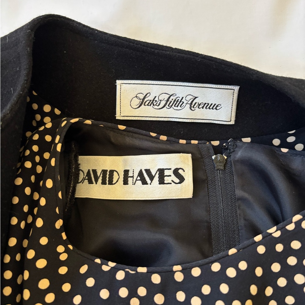 Vintage David Hayes Black Polka Dot Women's Belted Silk Dress and Wool Coat